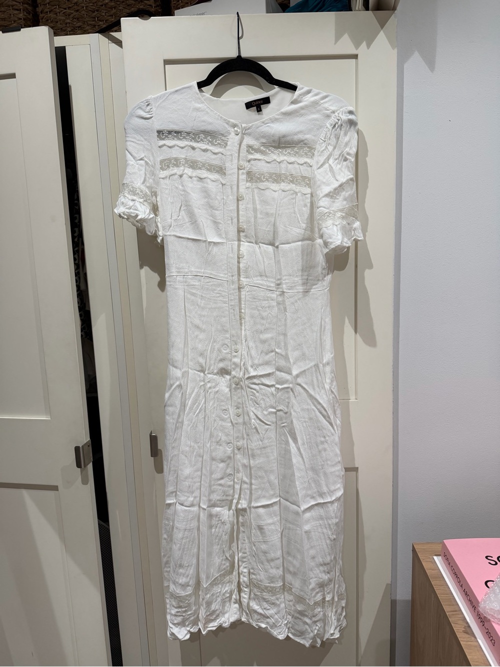 Quince White Midi Button-Front Dress with Lace Trim
